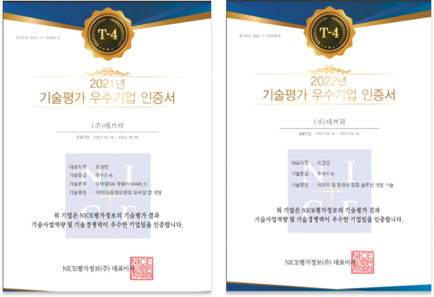 2021년,2022년 기술평가 우수기업 인증서